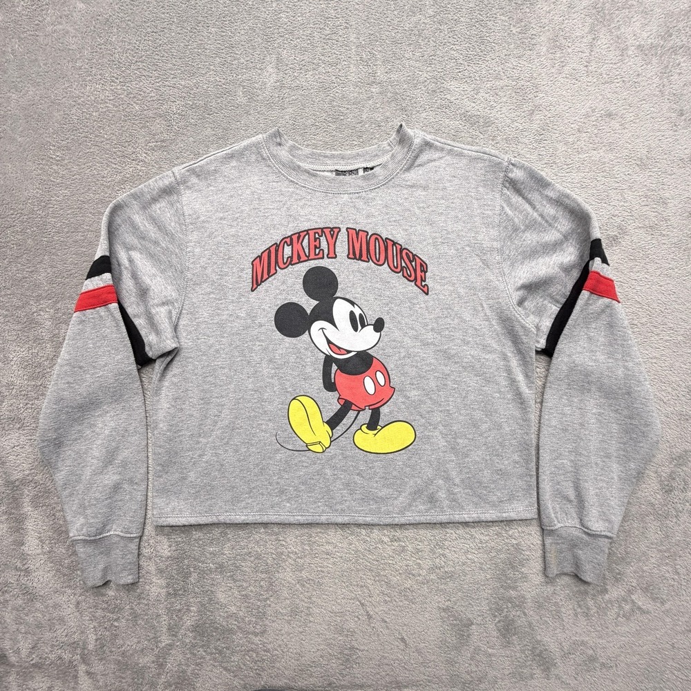Disney‎ Sweatshirt Womens L Gray Pullover Mickey Mouse Graphic Fleece Crewneck